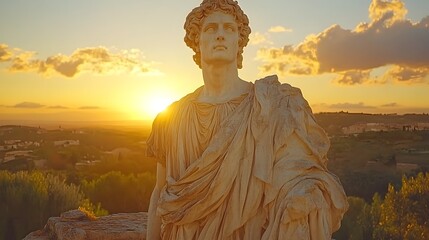 Majestic marble statue of a classical male figure, draped in flowing robes, stands overlooking a sun-drenched landscape at sunset