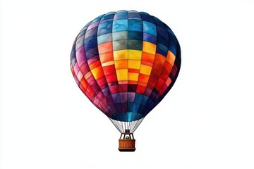 colorful hot air balloon with patchwork pattern floating against a clear white background conveying adventure and freedom