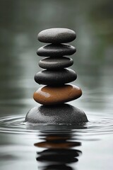 Stack of smooth dark stones balanced on a smooth brown stone in calm reflective water creating a peaceful and meditative scene