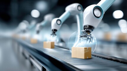 Robotic Arm, Factory Automation, Industry 4.0. Smart manufacturing concept with automated assembly line and robotic arms handling product packaging in modern factory setting.