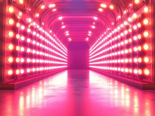Symmetrical futuristic tunnel illuminated by rows of bright pink and warm yellow lights creating a vibrant and energetic atmosphere