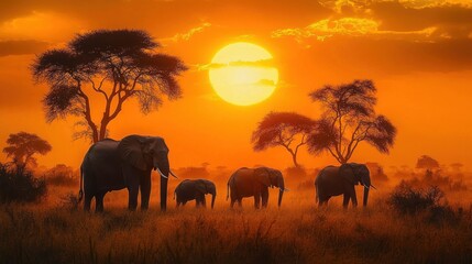 Fototapeta premium A peaceful family of elephants walking through the tall grass in a savanna at sunset with large acacia trees and a vibrant golden sky