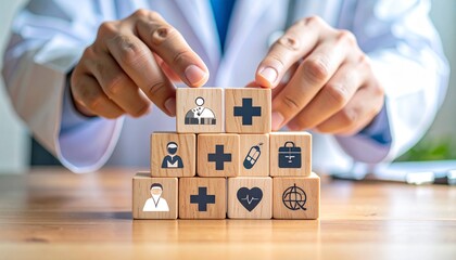 Naklejka premium Para dokter sedang membangun model sistem perawatan kesehatan dengan balok-balok kayu, yang mewakili tenaga medis, pasien, dan kesehatan global.
