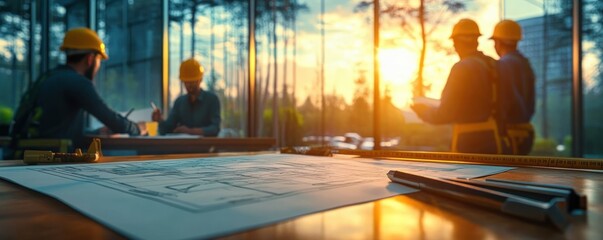 Architects and engineers in hard hats collaborating and reviewing building blueprints at a well-lit modern office during sunset
