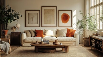 Cozy living room with a beige sofa accented by orange and neutral pillows, wooden coffee table with decor, large indoor plants, abstract art on the wall, and warm natural light from tall windows