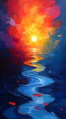 Vibrant sunset over a dark, winding river reflecting the fiery sky; a bright sun dominates the horizon