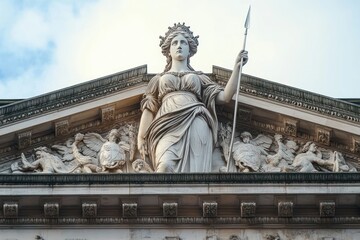 Obraz premium Large classical stone statue of a regal woman holding a spear, standing atop an ornate building facade with detailed relief sculptures and a cloudy blue sky background