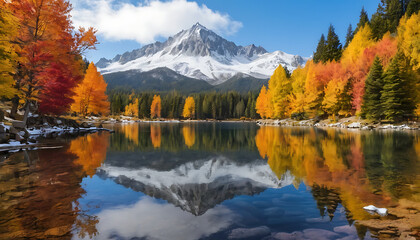 Autumn Forest and Snowy Mountain Reflected in Tranquil Lake – Scenic Fall Landscape Nature Photography.