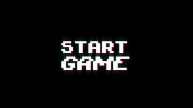 start game 8-bit pixel text animation with dynamic glitch distortion effect. dynamic motion video game black green screen. game start. started game