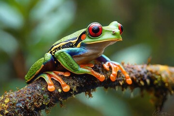 Fototapeta premium Close-up of a vibrant green and orange frog with large red eyes perched on a mossy branch in a natural blurred background, evoking a sense of curiosity and liveliness
