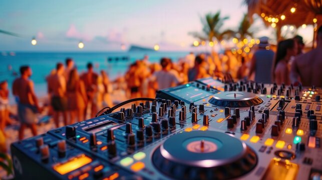 A beach party heats up as the dj mixes tunes for the energetic crowd at twilight.