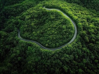 a winding road cutting through dense green forest from an aerial perspective creating a natural loop in the trees