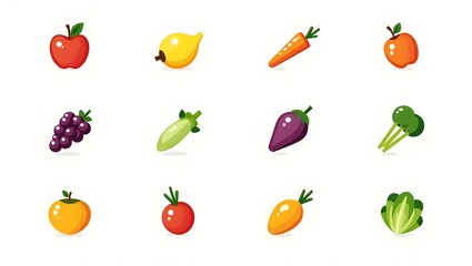 Vibrant Fruit and Vegetable Icons A Collection of Colorful, Cartoonish Produce Illustrations