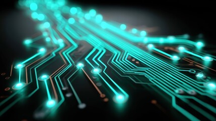 Glowing turquoise circuitry lines on a dark background, symbolizing technology and digital connectivity.