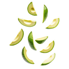 Fresh avocado slices flying in air, showcasing vibrant green colors and smooth texture. Perfect for healthy recipes