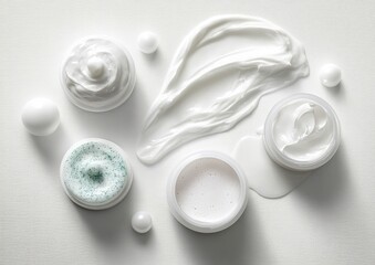 Fototapeta premium Various jars of white cosmetic creams and lotions with smooth and textured surfaces arranged on a white background, conveying freshness and skincare beauty