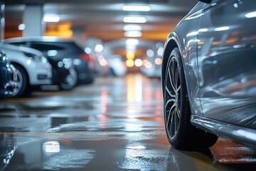 Close-up of a silver car wheel in an indoor parking garage with wet floor and multiple parked cars blurred in the background under bright fluorescent lights