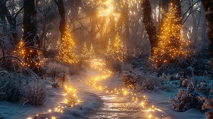 Fototapeta premium Beautiful winter forest scene with enchanting glowing lights, perfect for a holiday season.