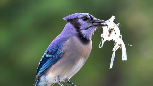 Blue jay clutches nesting material