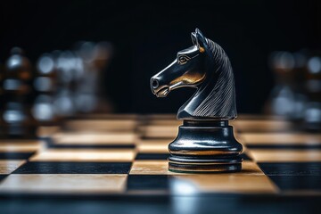 Close-up of a shiny black knight chess piece standing on a wooden chessboard with blurred chess pieces in the background under dramatic lighting