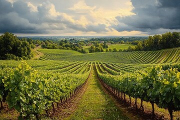 Vast vineyard with symmetrical rows of grapevines under a cloudy sky with sunlight breaking through, lush green landscape extending to distant horizon