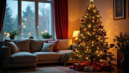 A beautifully decorated Christmas tree with ornaments and fairy lights, standing in a cozy living room , bright, elegant, ornaments