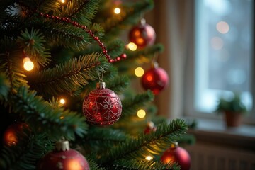 A beautifully decorated Christmas tree with ornaments and lights , home, joy