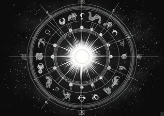 Illustration of a glowing central sun surrounded by a circular arrangement of zodiac symbols interconnected with lines against a starry black background