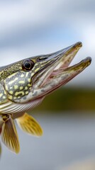 Close up of a Northern Pike's Head and Jaws. A detailed image showcasing the intricate texture and sharp teeth of a freshly caught fish.