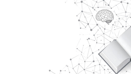 Obraz premium Abstract graphic with brain outline, open book, and network, symbolizing learning, knowledge, and connection.