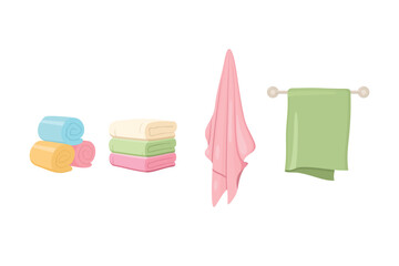 Assortment Of Neatly Stacked Rolled And Hung Pastel Colored Towels Clean And Ready For Use, flat style vector illustration