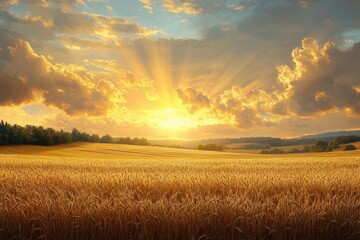 golden wheat field glowing under a dramatic sunrise with sun rays breaking through clouds and distant treeline on rolling hills