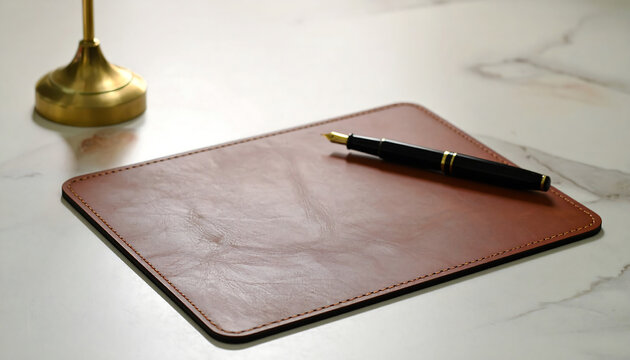 An elegant fountain pen rests on a brown leather pad on a marble desk surface, suggesting classic style.