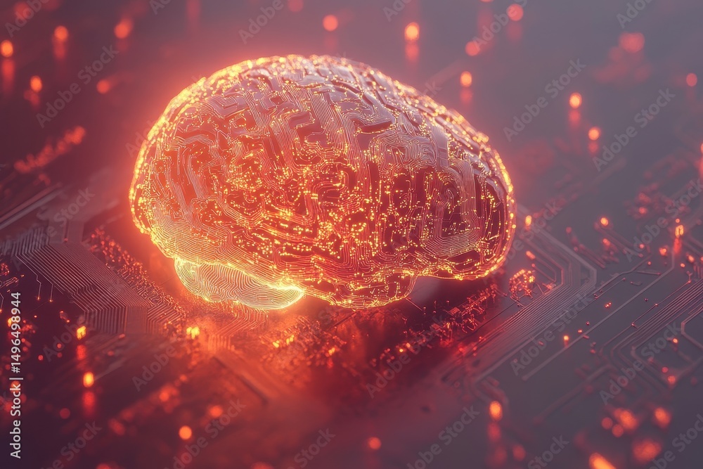 Poster futuristic glowing brain with intricate circuits and neural connections illuminating the dark enviro