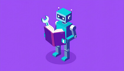 Blue robot holding a book and wrench, learning and repair concept illustration.