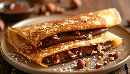 Chocolate hazelnut crepes on plate, sprinkled with sugar, close-up.