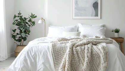 Clean, minimalist bedroom with white bedding, knit throw, plant, and abstract art. Cozy and serene home interior.