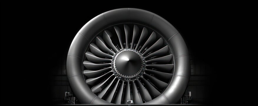 Close-up view of a large aircraft jet engine turbine with multiple fan blades in a dimly lit industrial setting