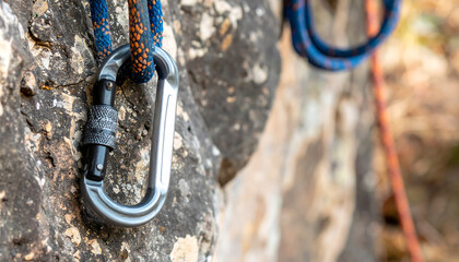 Close-up of rock climbing carabiner and rope on rock face, essential safety gear for outdoor sport and adventure.