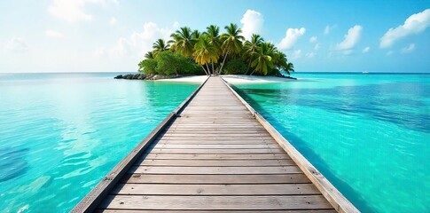 Obraz premium Serene island dock extending into calm turquoise water, sunlight reflecting on the tranquil surface Perfect for travel, vacation, or coastal themed projects , peaceful scene, tranquil, harbor