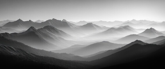 Expansive monochrome mountain range with mist-filled valleys and layered peaks fading into the distance conveying calm and vastness