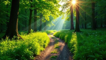 Obraz premium A scenic trail winding through a lush forest, sunlight dappling the path , view, perspective
