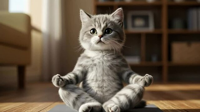 A cute gray striped kitten sits relaxed in a meditative pose on a wooden floor in a cozy home interior with a bookshelf in the background. Animal concept of mindfulness and tranquility - Powered by Adobe