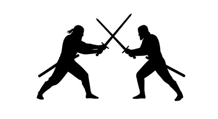 Silhouette Dua Pejuang Beradu Senjata dalam Pertarungan