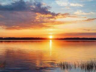 Calm lake at sunset with golden and orange hues reflecting on water under partly cloudy sky and silhouetted distant tree line