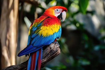 Colorful parrot perched gracefully on a branch in a lush tropical setting under soft sunlight, A beautiful parrot with red, yellow, blue and green feathers is sitting on a branch
