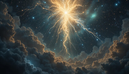 Fototapeta premium A dazzling display of cosmic energy as golden lightning explodes across a starry sky with ethereal clouds and vibrant