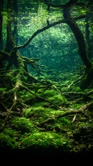 Underwater Forest Scene Moss Covered Roots and Trees.