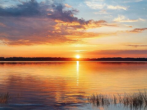 Calm lake at sunset with golden and orange hues reflecting on water under partly cloudy sky and silhouetted distant tree line - Powered by Adobe