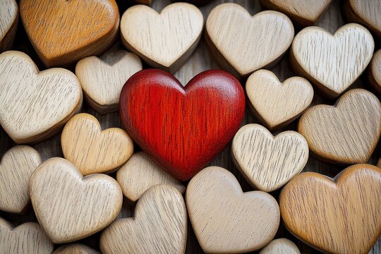 A vibrant red wooden heart stands out among multiple natural wooden hearts symbolizing love and uniqueness